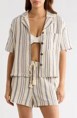 エラン レディース トップス シャツ ニット Elan Knit Short Sleeve ButtonUp CoverUp Shirt BLUE STRIPE ブルーのサムネイル