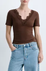 マンゴ レディース トップス シャツ リブニット レーストリム レース ニット MANGO Lace Trim Rib Knit Crop Top BROWN ブラウンのサムネイル