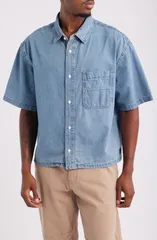 バンズ メンズ ボトムス デニムパンツ シャツ Vans Cyrus Loose Fit Short Sleeve Denim ButtonUp Shirt STONEWASH BLUE ブルーのサムネイル