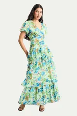 ウエアハウス レディース トップス ワンピース ティアード ミディ Warehouse Waist Puff Sleeve Tie red Midi Dress Green グリーンのサムネイル