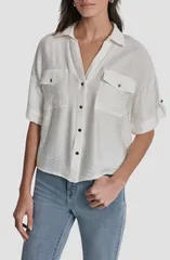 ダナ キャラン ニューヨーク レディース トップス シャツ DKNY Short Sleeve Roll Tab Shirt IVORY アイボリーのサムネイル