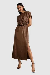 ウエアハウス レディース トップス ワンピース ミディ レザー Warehouse Leather Look Twist Front Midi Dress Chocolate チョコレートのサムネイル