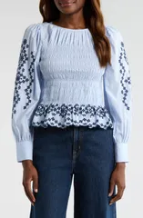 レイルズ レディース トップス シャツ シャーリング コットン 刺繍 Rails Tabi Embroide red Smocked Cotton Top BLUE BIRD ブルーのサムネイル