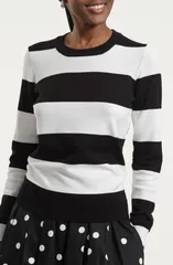 アイザック・ミズラヒ レディース アウター ニット・セーター クルーネック Isaac Mizrahi New York Stripe Crewneck Sweater BLACK WHITE ホワイのサムネイル