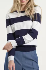 アイザック・ミズラヒ レディース アウター ニット・セーター クルーネック Isaac Mizrahi New York Stripe Crewneck Sweater NAVY WHITE ホワイトのサムネイル