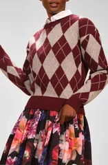 アイザック・ミズラヒ レディース アウター ニット・セーター クルーネック Isaac Mizrahi New York Argyle Crewneck Sweater BURGUNDY MULTIのサムネイル