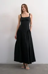 トップショップ レディース トップス ワンピース マキシ Topshop Gathe red Fit Flare Maxi Dress BLACK ブラックのサムネイル
