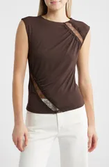 マンゴ レディース トップス シャツ ギャザー レース MANGO Cindy Lace Panel Ruched Top BROWN ブラウンのサムネイル