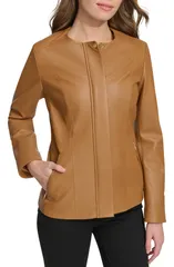 コールハーン レディース アウター ジャケット・ブルゾン レザー Cole Haan Collarless Leather Jacket HAZELNUTのサムネイル