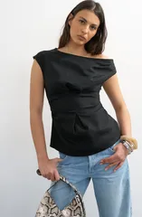 トップショップ レディース トップス シャツ ギャザー Topshop Off the Shoulderuched Pleat Waistop BLACK ブラックのサムネイル