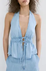 マンゴ レディース トップス シャツ プラスサイズ デニム ホルター MANGO Eva Tie Front Halter Denim Top Plus Regular LIGHT BLUE ブルーのサムネイル