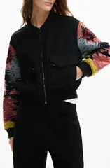 デジグアル レディース アウター ジャケット・ブルゾン Desigual Beadetail Mixed Media Bomber Jacket BLACK ブラックのサムネイル