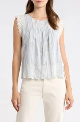 ラッキーブランド レディース トップス シャツ コットン レース リネン Lucky Brand Lace Embroidery Detail Stripe Cotton Linen Top BLUEのサムネイル