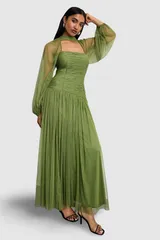 ウエアハウス レディース トップス ワンピース チュール マキシ Warehouse Bow Detail Gathe red Tulle Maxi Dress Green グリーンのサムネイル