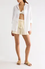 エラン レディース トップス シャツ セミシアー プリント シアー コットン Elan Printed Semisheer Cotton ButtonUp CoverUp Shirt WHITE ホワのサムネイル