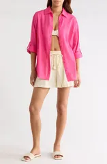 エラン レディース トップス シャツ セミシアー プリント シアー コットン Elan Printed Semisheer Cotton ButtonUp CoverUp Shirt HOT PINKのサムネイル