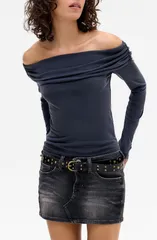 アーバンアウトフィッターズ レディース トップス シャツ BDG Urban Outfitters Ultimate Off the Shoulder Top BLACK ブラックのサムネイル