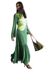 ウエアハウス レディース トップス ワンピース シフォン プリント レース Warehouse Chiffon Placement Print Midaxi Dress Dark Green グリーンのサムネイル