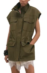 マンゴ レディース アウター ベスト ハイネック コットン MANGO High Neck Pocket Cotton Vest KHAKI カーキのサムネイル