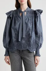 オールセインツ レディース トップス シャツ フラワー柄 フリル 刺繍 フラワー AllSaints Nisa Floral Embroide red Ruffle Top STEEL BLUE ブルのサムネイル