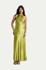 ウエアハウス レディース トップス ワンピース サテン マキシ Warehouse Satin Tie Neck Cowl Maxi Dress Olive オリーブのサムネイル