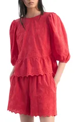 マンゴ レディース トップス シャツ フラワー柄 コットン 刺繍 フラワー MANGO Floral Embroide red Cotton Peplum Top STRAWBERRYのサムネイル