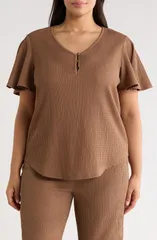 AK アンクライン レディース トップス Tシャツ Vネック プラスサイズ AK ANNE KLEIN Flutter Sleeve VNeck TShirt Plus MUSHROOMのサムネイル