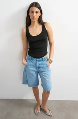 トップショップ レディース トップス シャツ コットン Topshop Rib Curved Hem Stretch Cotton Tank BLACK ブラックのサムネイル