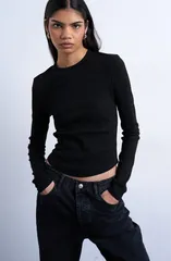 トップショップ レディース トップス シャツ Topshop Long Sleeve Curve Hem Top BLACK ブラックのサムネイル