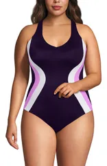 ランズエンド レディース トップス ワンピース プラスサイズ Lands End Tugless Contour One Piece Plus BlackberryPink Colorblock ピンのサムネイル
