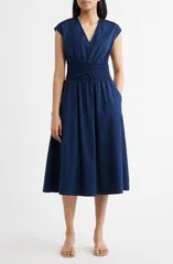 スパンク レディース トップス ワンピース Vネック ミディ コットン SPANX Smock Waist VNeck Cotton Midi Dress TIMELESS NAVY ネイビーのサムネイル