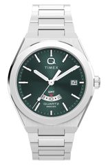 タイメックス メンズ アクセサリー 腕時計 Tシャツ Q Timex Continental GMT 39mm Stainlessteel Bracelet Watch GREEN STAINLESS