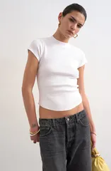 トップショップ レディース トップス シャツ Topshop Rib Curved Hem Crop TShirt WHITE ホワイトのサムネイル