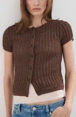 マンゴ レディース アウター ニット・セーター カーディガン MANGO Short Sleeve Crochet Cardigan CHOCOLATE チョコレートのサムネイル