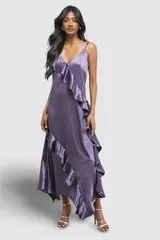 ウエアハウス レディース トップス ワンピース フリル ミディ トール サテン Warehouse Metallic Satin Ruffle Midi Slip Dress Mauve メタリックのサムネイル