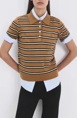 マンゴ レディース アウター ニット・セーター ポロシャツ MANGO Stripe Polo Sweater CARAMEL ストライプのサムネイル