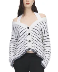 マックイーン レディース アウター カーディガン ウール McQueen Wool OfftheShoulder Striped Cardigan Moon ストライプのサムネイル