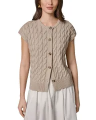 ダナキャラン レディース アウター カーディガン クルーネック セーター ニット Donna Karan Crewneck Cable Knit Cardigan Sweater Sandstoneのサムネイル