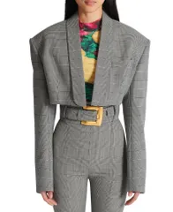 バルマン レディース アウター ジャケット・ブルゾン クロップド Balmain Cropped Jacket in Prince of Wales Jacquard Black ブラックのサムネイル