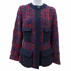 美品☆LOUIS VUITTON ルイヴィトン ウール ツイード ノーカラージャケット マルチカラー ネイビー系 38 フランス製 正規品 レディースのサムネイル