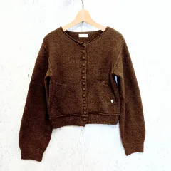 MUHET ミュエータ ニットカーディガン クルミボタン ボリューム袖 クロップド丈 レトロ感 ブラウンオリーブ Fサイズ ◇〇☆のサムネイル