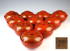 中江碧水堂 輪島塗 古代金 蒔絵神殿形吸物椀 5客 13cm 共箱 古美術品
