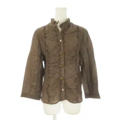ピエールカルダン Pierre Cardin Ramille シャツ ブラウス L 茶 ブラウン ラメ フリルネック 長袖 ストライプ /CK41 ■ECB006のサムネイル