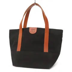 WK25589 美品 IL BISONTE イルビゾンテ ミニトートバッグ ハンドバッグ コットン キャンバス×レザー 舟形 ロゴ革パッチ ブラック 黒×茶 イタリア製のサムネイル