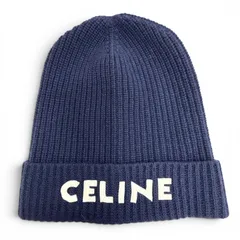 未使用品△CELINE セリーヌ 2A25R423P ウール100% ロゴ ニット帽 ニットキャップ ネイビー 帽子 ホワイト 伊製 正規品 レディース メンズのサムネイル