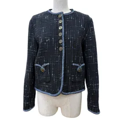 極美品☆ETRO エトロ 2024年製 コットン ロゴボタン ツイード ノーカラージャケット ブラック ブルー系 40 イタリア製 正規品 レディースのサムネイル