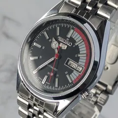 SEIKO セイコー5 自動巻き ヴィンテージ ブラック文字盤 バーインデックス シルバーバンド 3針 デイデイト 裏スケのサムネイル