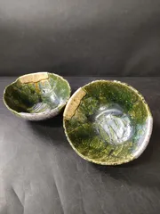 ●大幅値下中●F28-03/樹窯/織部灰釉楕円深鉢2客/骨董/美濃焼/深鉢/大鉢/盛鉢/皿/飾皿/菓子皿/菓子鉢/懐石料理/懐石道具/民芸のサムネイル