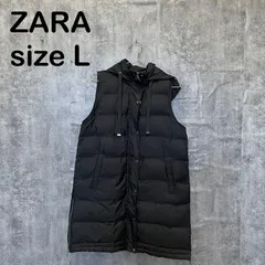 【T-1713】ZARA ザラ L 中綿 ダウンベスト ブラック 黒 フード付き ロングベスト ジップ ボリューム レディースのサムネイル