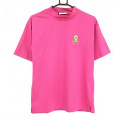 【美品】マークアンドロナ 半袖ハイネックシャツ ピンク ロゴラインとグリーン スカル メンズ 46(M) ゴルフウェア MARK&LONAのサムネイル